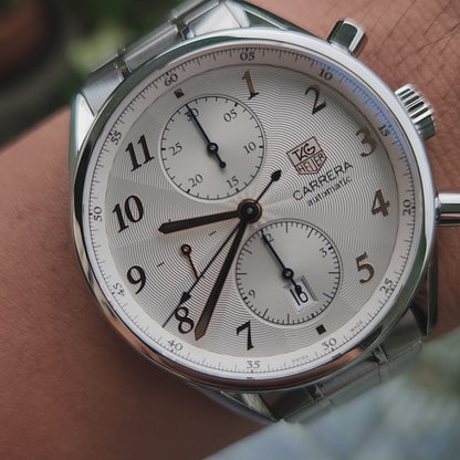 Tag Heuer Carrera Heritage Calibre 16 Chronograph in Rose Gold Arabic Markers in Silver Dial 41mm - Complete Set