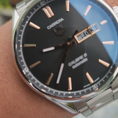 Tag Heuer Carrera Calibre 5 Day-Date Rose Gold Accents in Black Azurage Dial 41mm